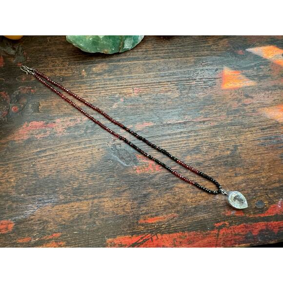 Leaf Carved Quartz Crystal Sterling Pendant Garnet Black Spinel Beaded Necklace - Picture 4 of 7